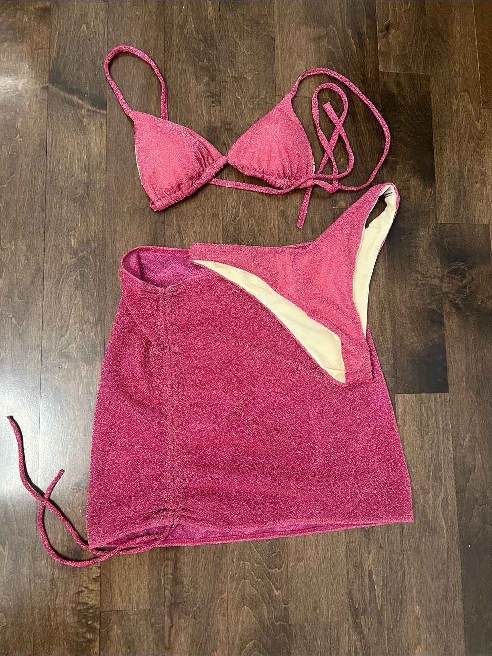 Pink Textured Triangle Bikini Set with Matching Skirt